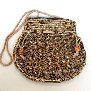 Potli Pouch Drawstring Lined Bag Purse Satchel Sequins Black Gold